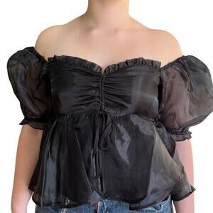 Mable Organza Black Off Shoulder Mesh Puff Sleeves Lined Witchy Goth Halloween L